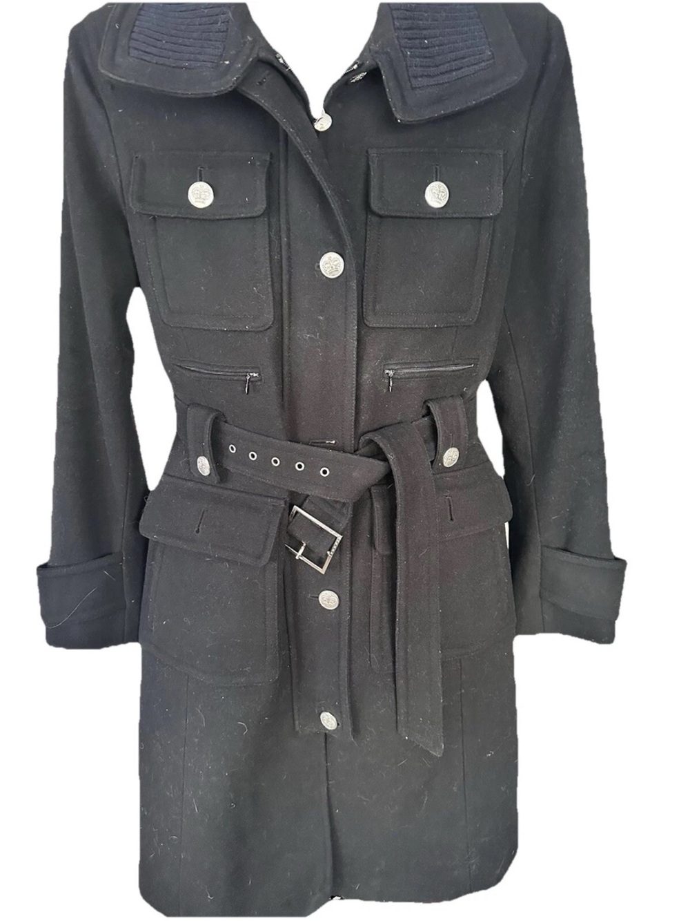 Laundry by Shelli Segal Black Military Wool Blend Belted Coat Size 14